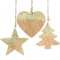 Prodotto Decorazione natalizia stella/cuore/albero, ciondolo in legno, decorazione dell&#39;Avvento H10/12,5 cm 3 pezzi