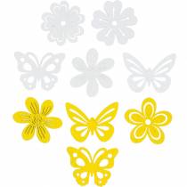 Prodotto Fiori e farfalle da spolverare giallo, decorazione spolverata di legno bianco decoro primaverile 72pz