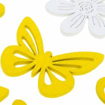 Prodotto Fiori e farfalle da spolverare giallo, decorazione spolverata di legno bianco decoro primaverile 72pz