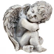 Figura decorativa angelo seduto decorazione tomba in poliresina grigia H18 cm