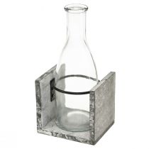 Vaso in vetro con supporto in legno grigio, 9,5x8x20 cm - Decorazione rustica con 4 bottiglie