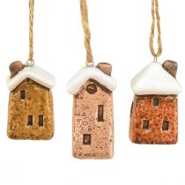 Cottage sospesi in ceramica - Varie tonalità di marrone, tetti ricoperti di neve - Affascinante decorazione natalizia - Confezione da 6