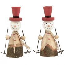 Prodotto Adorabile set di 2 pupazzi di neve in legno con cappelli a cilindro rossi - naturale e rosso, 15,5 cm - decorazione da tavola invernale