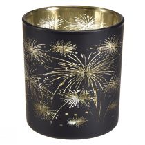 Prodotto Elegante Lanterna in Vetro con Fuochi d&#39;Artificio - Nero e Oro, 9 cm - Decorazione Ideale per le Occasioni Festive - Confezione da 6