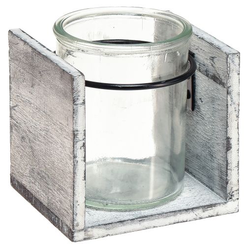 Floristik24 Portacandele in vetro con cornice rustica in legno - grigio-bianco, 10x9x10 cm 3 pezzi - affascinante decorazione da tavolo