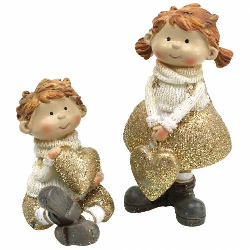 Figure decorative fratellino e sorellina oro, glitter 10 / 6,5 cm set di 2