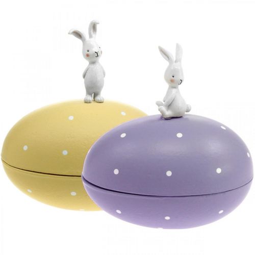 Coniglietto su uovo, uovo decorativo da riempire, Pasqua,  scatola decorativa gialla, viola H17/16cm L15cm set di 2-03739
