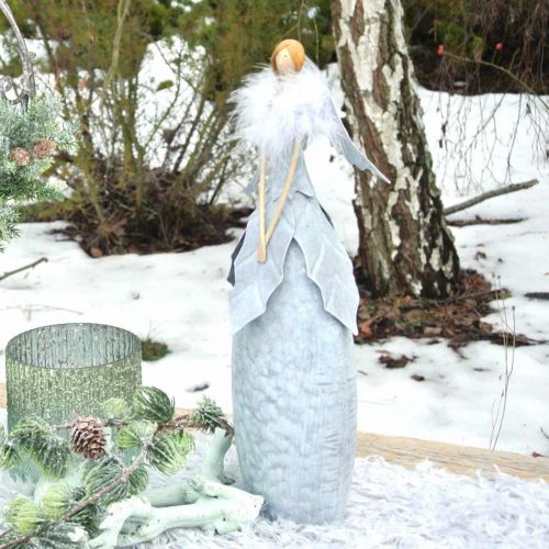 Figura di angelo deco con boa di piume decorazione in  metallo grigio Natale 38 cm-01730