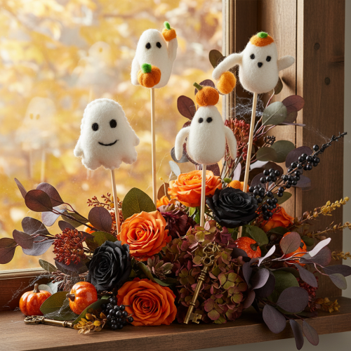 Prodotto Statuine di fantasmi su bastoncini di legno, decorazione di Halloween, 54 cm, 8 pezzi