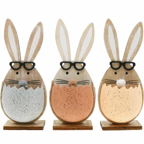 Coniglio di legno in un uovo, decorazione primaverile,  conigli con occhiali, coniglietti pasquali 3pz-12295