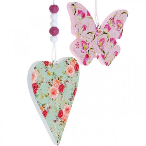 Prodotto Ciondolo con motivo floreale, cuore e farfalla, decorazione primaverile da appendere H11,5/8,5cm 4pz