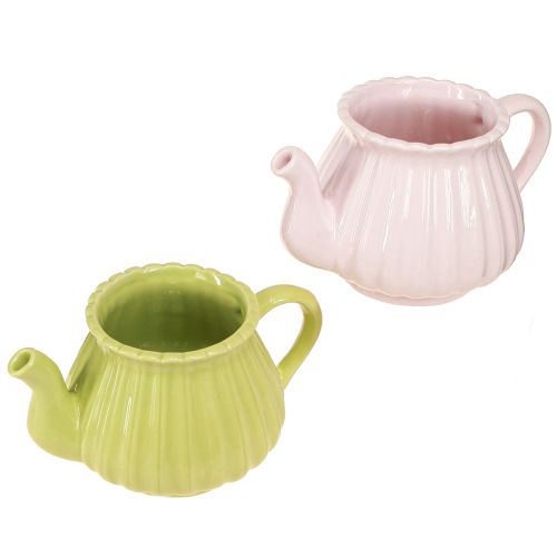 Fioriera teiera decorativa in ceramica rosa verde 19,5×13,5×11 cm 2 pz