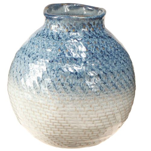 Vaso in ceramica smaltata aspetto intrecciato bianco blu H18,5 cm