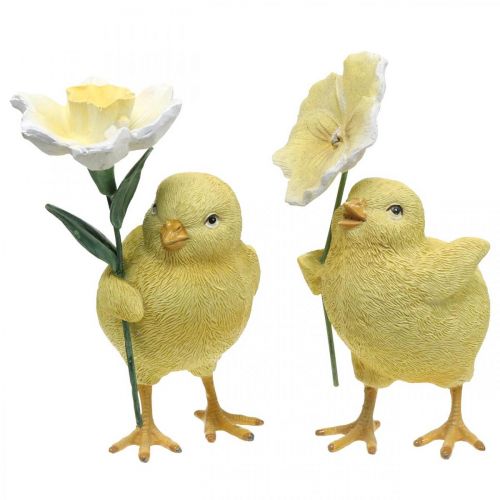 Buona Pasqua pulcini, pulcini con fiori, decorazioni per la  tavola di Pasqua, pulcini decorativi H11/11,5 cm, set di 2-03679