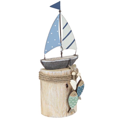 Prodotto Decorazione marittima barca a vela in legno con pesce bianco blu H24cm