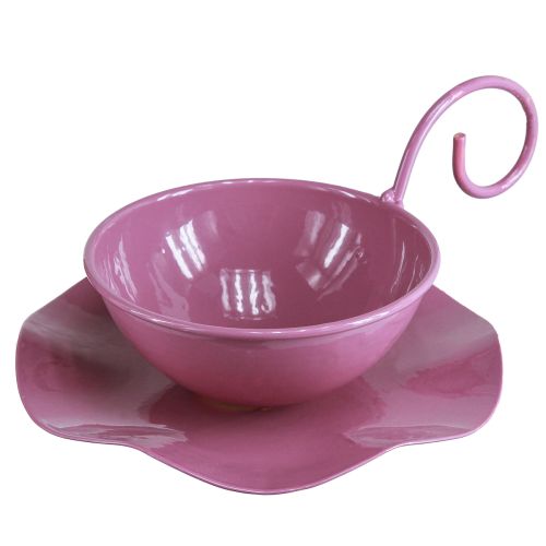 Tazza decorativa in metallo con piattino rosa H8cm Ø11,5cm 2 pezzi