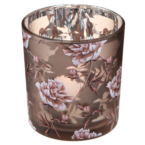 Tealight decorazione da tavolo in vetro garofani marrone argento H8cm 4 pz