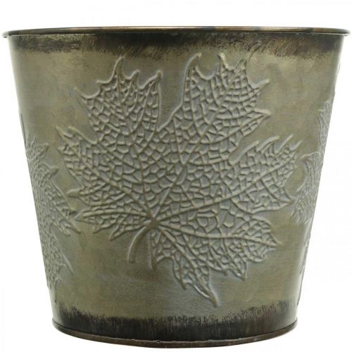 Prodotto Fioriera per l&#39;autunno, secchio in metallo con decorazione a foglia, vaso in metallo dorato Ø14cm H12.5cm