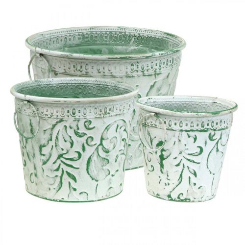 Prodotto Vasi in metallo con manici, fioriere con goffratura bianco, verde shabby chic H20.5/18.5/16cm Ø25.5/20.5/15.5cm set da 3