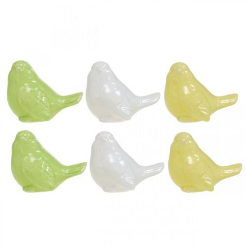 Prodotto Uccello in ceramica bianco, verde, giallo, decorazione da tavola H5cm L6cm 6pz