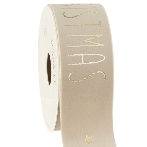 Floristik24 Nastro natalizio velluto beige Merry Christmas Gold W40mm L5m