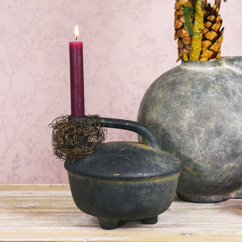 Vaso decorativo brocca in ceramica aspetto antico beige antracite 18 cm