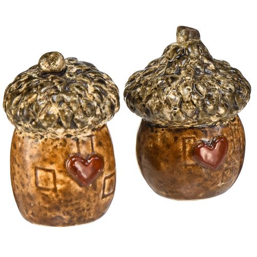 Prodotto Ghiande decorative per casa di ghiande in ceramica con motivo a cuore marrone 6 cm - decorazione da tavola autunnale - 6 pezzi