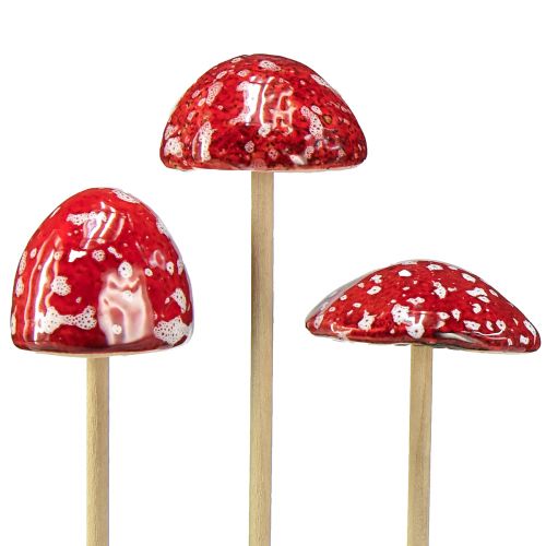 Funghi velenosi su bastoncino, rossi, 4 cm, set da 6 - funghi decorativi da giardino per la decorazione autunnale