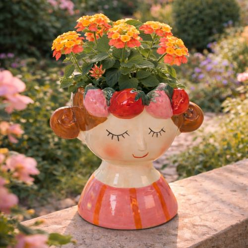 Prodotto Vaso di fiori Ragazza sognatrice con fragole Decorazione di ceramica per soggiorno, primavera 13cm