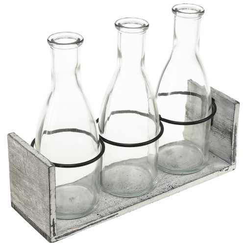 Set di bottiglie rustiche su supporto in legno - 3 bottiglie di vetro, grigio-bianco, 24x8x20 cm - Versatile per la decorazione
