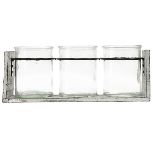 Prodotto Contenitore rustico in vetro su supporto in legno grigio e bianco - 27,5x9x11 cm - Soluzione versatile per riporre e decorare