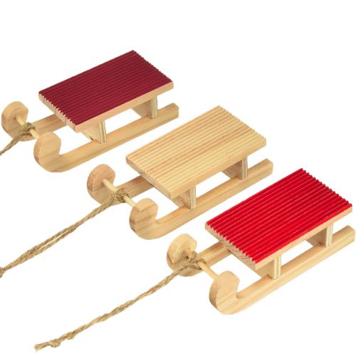 Miniatura slitta in legno, rosso naturale, 4x8,5 cm, set da 6 - Decorazione natalizia