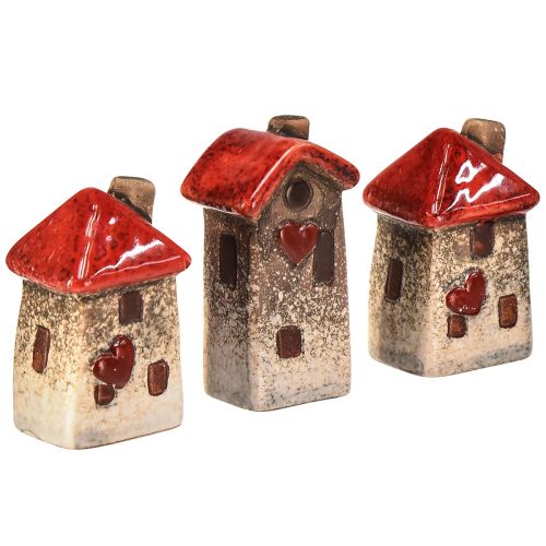 Case in ceramica 6 pezzi con finestra sul tetto rossa e cuore - 6 cm - Decorazione idilliaca per la casa e il giardino