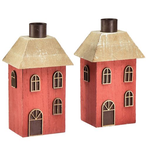 Portacandele casa portacandele in legno rosso H14,5 cm 2 pezzi