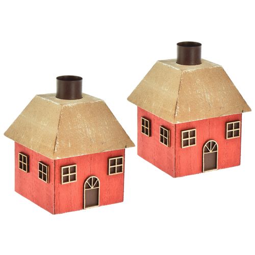 Portacandele Casa di Natale in legno rosso 9×9×11cm 2pz