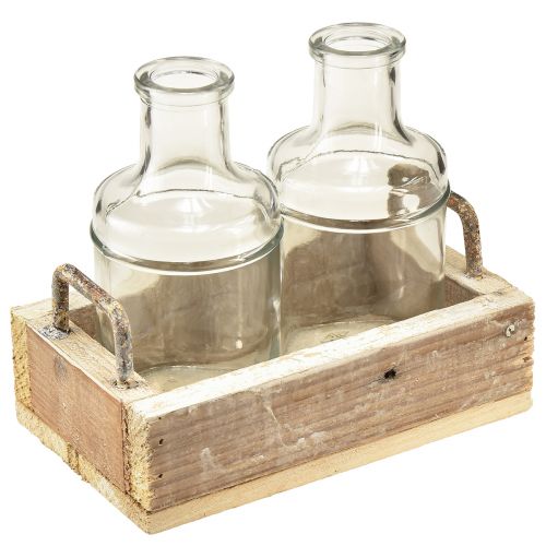 Set mini vasi in vetro vassoio decorativo in legno vintage 16x10x14cm