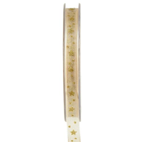 Floristik24 Nastro di organza Nastro natalizio stelle beige oro L10mm L20m