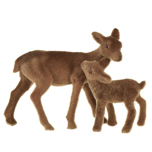Prodotto Figure decorative di cervo Cervo natalizio floccato marrone con cerbiatto in un set H9/5,5 cm 4 pezzi