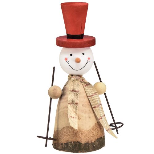 Pupazzo di neve figura decorativa in legno con cappello rosso naturale H20,5 cm