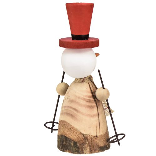 Prodotto Pupazzo di neve figura decorativa in legno con cappello rosso naturale H20,5 cm