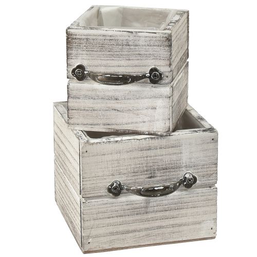 Set di cassetti in legno con maniglia, bianco strofinato, 12x12 cm e 9x9 cm - Portaoggetti rustico