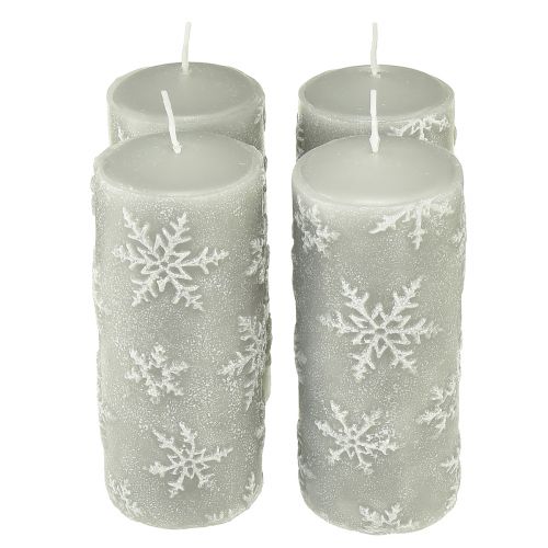 Floristik24 Candele a colonna candele grigie fiocchi di neve 150/65mm 4 pz