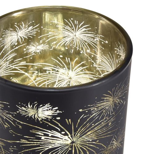 Prodotto Elegante lanterna in vetro con design di fuochi d&#39;artificio - Confezione da 6 nere e dorate da 9 cm - Decorazione ideale per le occasioni festive