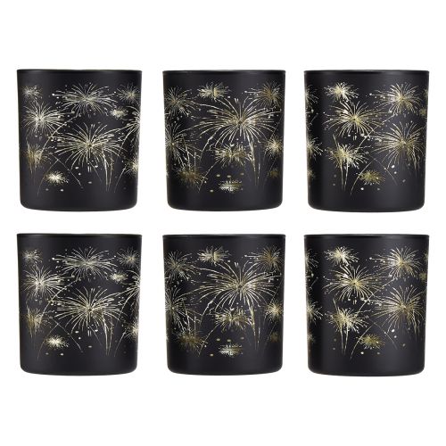 Prodotto Elegante lanterna in vetro con design di fuochi d&#39;artificio - Confezione da 6 nere e dorate da 9 cm - Decorazione ideale per le occasioni festive